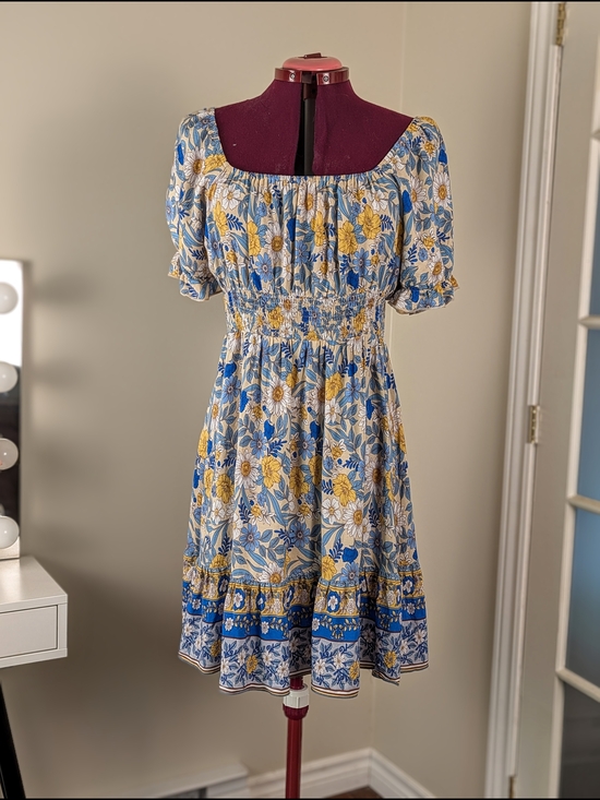 Beachsissi Dresses & Skirts - Blue and Yellow Floral Midi Dress with Puff Sleeves